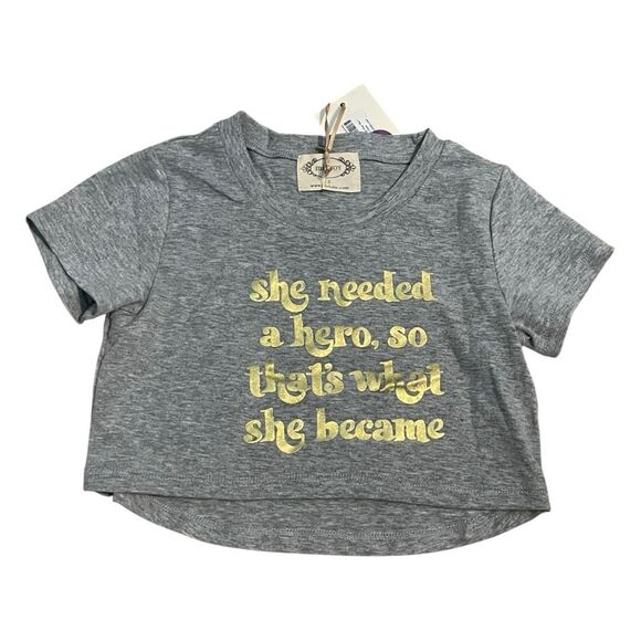 Mia Joy Joyfolie Hero Graphic Tee Heather Gray Short Sleeve Crewneck 2 - Picture 1 of 9